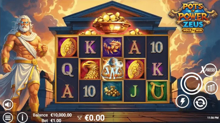Pots of Power: Zeus – galvenais ekrāns ar ruļļiem